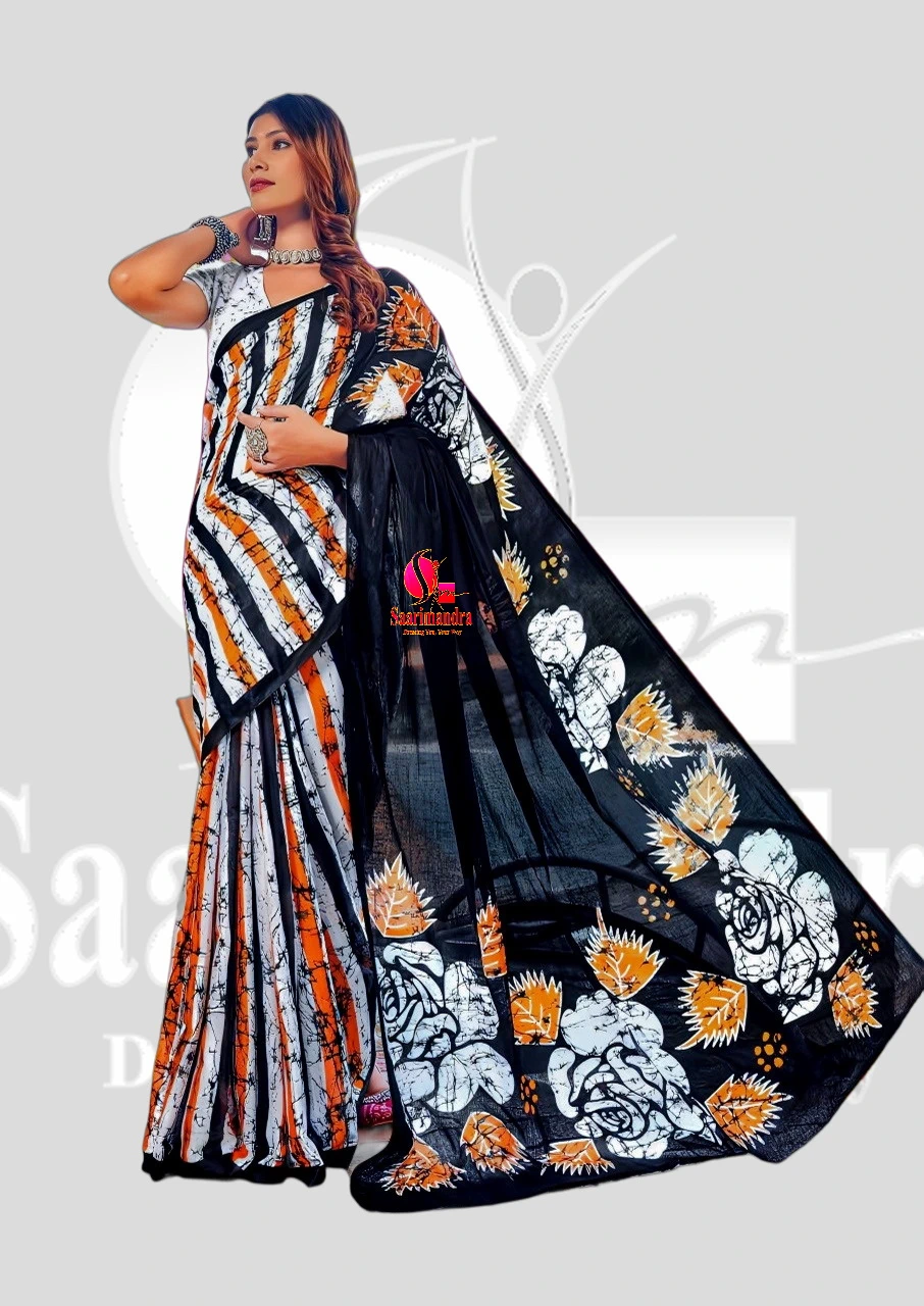 Batik Indian Premium Elegant Black, White & Orange Batik Cotton Saree with Floral and Striped Patterns